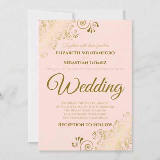 Gold Frills Blush Pink Chic Wedding Uitnodiging (Voorkant)