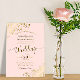 Gold Frills Blush Pink Elegant Calligraphy Wedding Kaart