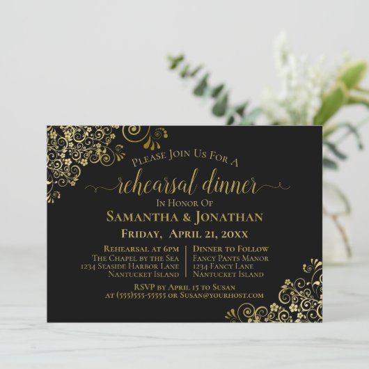 Gold Frills Chic Black Weddenrenrepetitie & Dinner Kaart (Staand voorkant)