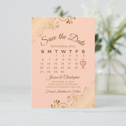 Gold Frills Coral Peach Chic Wedding Calendar Save The Date (Staand voorkant)
