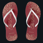 Gold Frills Crimson Red Elegant The Bride Wedding Teenslippers<br><div class="desc">Dans de nacht weg met deze mooie trouwteenslippers. Ontworpen voor de bruid, kenmerken zij een eenvoudig maar elegant ontwerp met gouden gekleurd manuscript dat op een criticus rode achtergrond en fancy gouden lace krullen en swirls tekent. Mooie manier om fancy en geschikt te blijven terwijl je voeten na een lange...</div>