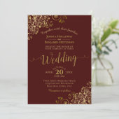 Gold Frills Elegant Auburn Brown Wedding Kaart (Staand voorkant)