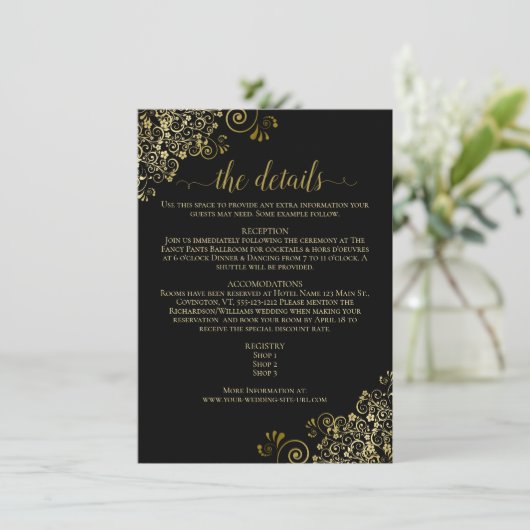 Gold Frills Elegant Black Wedding Details Informatiekaartje (Staand voorkant)