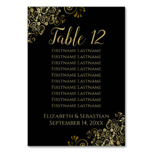 Gold Frills Elegant Black Wedding Seating Chart Kaart
