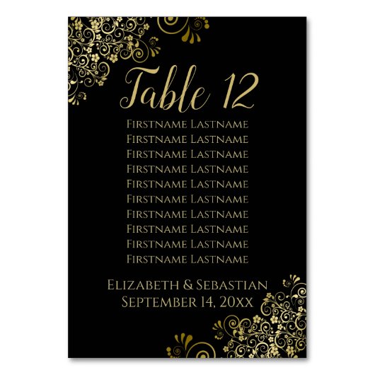 Gold Frills Elegant Black Wedding Seating Chart Kaart (Voorkant)