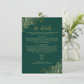 Gold Frills Elegant Emerald Green Wedding Details Informatiekaartje (Staand voorkant)