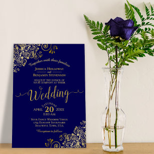 Gold Frills Elegant Navy Blue Wedding Kaart