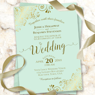 Gold Frills Elegant Neo Mint Green Wedding Kaart