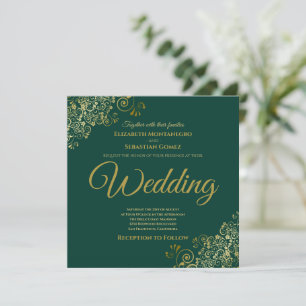 Gold Frills Emerald Green Elegant Square Wedding Kaart
