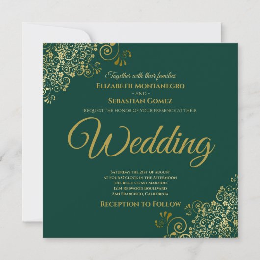 Gold Frills Emerald Green Elegant Square Wedding Kaart (Voorkant)