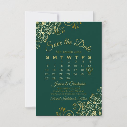 Gold Frills Emerald Green Elegant Wedding Calendar Save The Date (Voorkant)