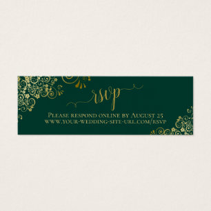 Gold Frills Emerald Green Wedding RSVP Online Card Mini Visitekaartjes