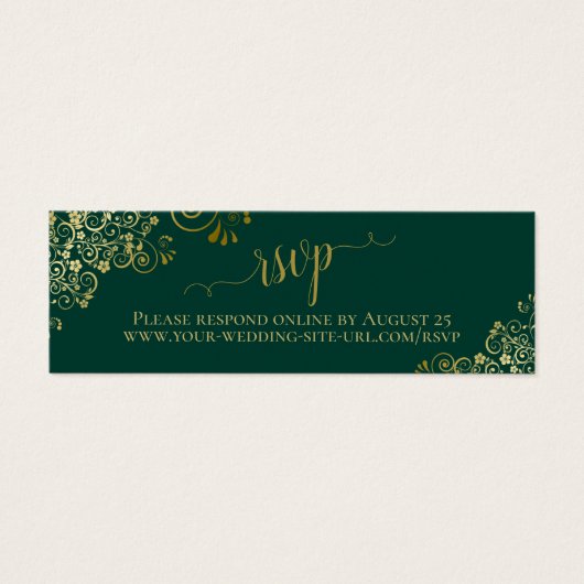 Gold Frills Emerald Green Wedding RSVP Online Card Mini Visitekaartjes (Voorkant)