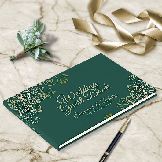 Gold Frills en Emerald Green Elegant Wedding Gastenboek