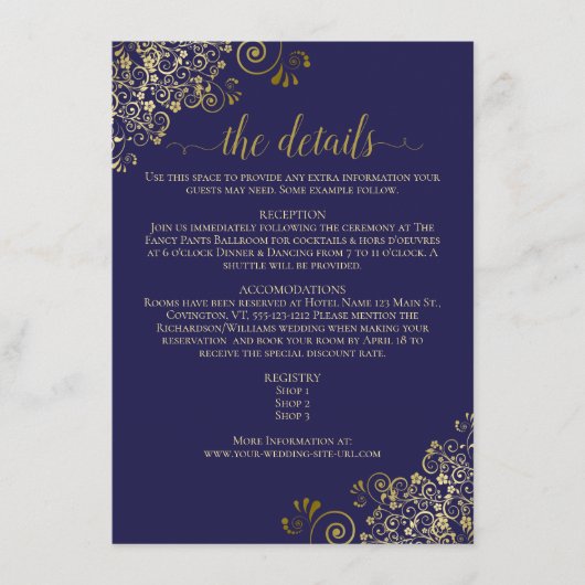 Gold Frills legant Navy Blue Wedding Details Informatiekaartje (Voorkant)