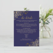 Gold Frills legant Navy Blue Wedding Details Informatiekaartje (Staand voorkant)