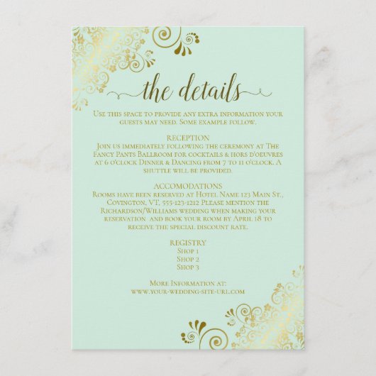 Gold Frills legant Neo Mint Green Wedding Details Informatiekaartje (Voorkant)