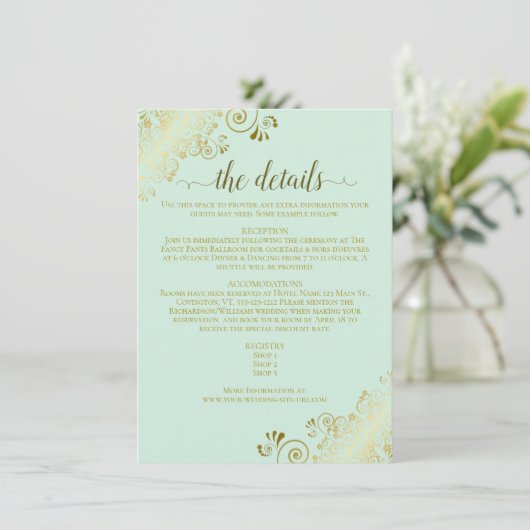 Gold Frills legant Neo Mint Green Wedding Details Informatiekaartje (Staand voorkant)