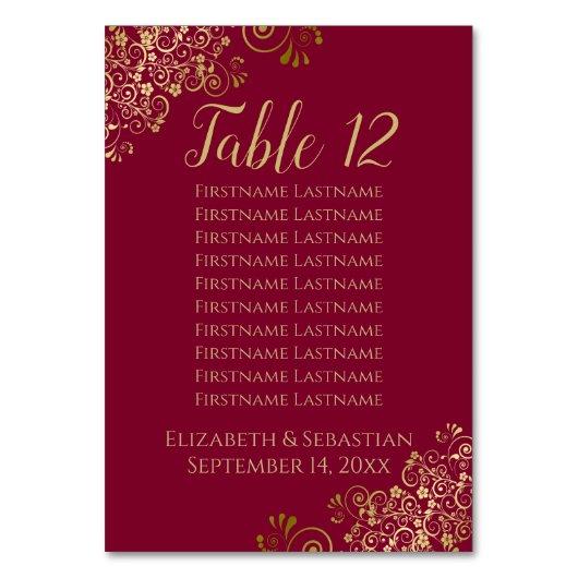 Gold Frills Maroon Burgundy Wedding Seating Chart Kaart (Voorkant)
