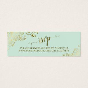 Gold Frills Mint Green Wedding RSVP Online Card Mini Visitekaartjes