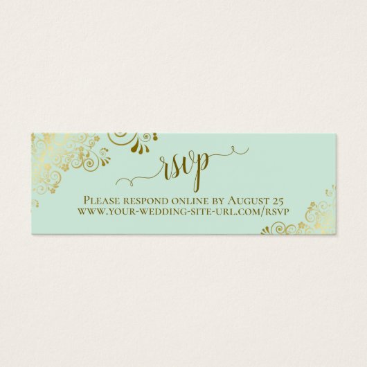 Gold Frills Mint Green Wedding RSVP Online Card Mini Visitekaartjes (Voorkant)