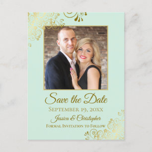 Gold Frills Mint Green Wedding Save the Date Photo Aankondigingskaart