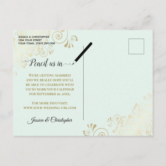 Gold Frills Mint Green Wedding Save the Date Photo Aankondigingskaart (Achterkant)