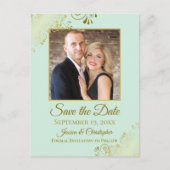 Gold Frills Mint Green Wedding Save the Date Photo Aankondigingskaart (Voorkant)