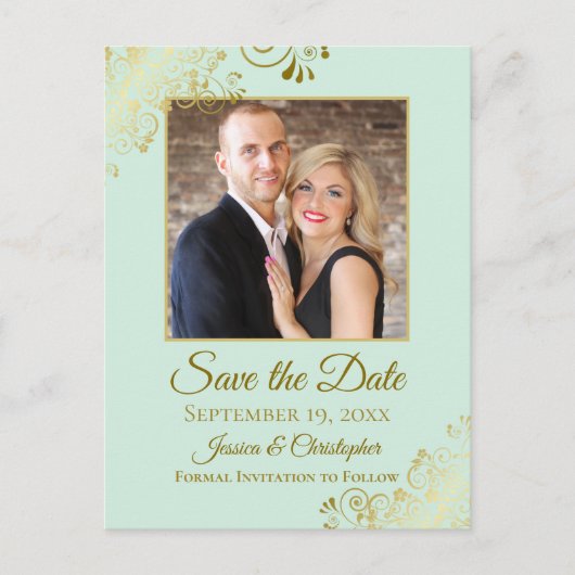 Gold Frills Mint Green Wedding Save the Date Photo Aankondigingskaart (Voorkant)