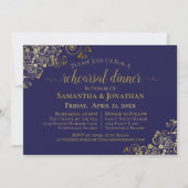 Gold Frills Navy Blue Wedding Rehearsal & Dinner Kaart (Voorkant)