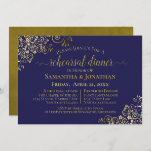 Gold Frills Navy Blue Wedding Rehearsal & Dinner Kaart