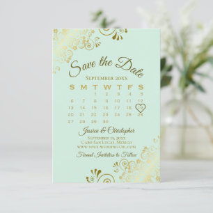 Gold Frills Neo Mint Green Chic Wedding Calendar Save The Date