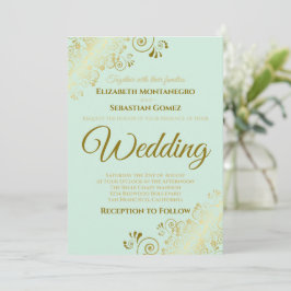 Gold Frills Neo Mint Green Chic Wedding Uitnodigin Kaart