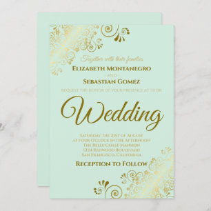 Gold Frills Neo Mint Green Chic Wedding Uitnodigin Kaart