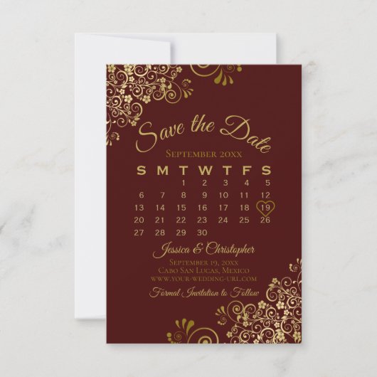 Gold Frills op Auburn Elegant Wedding Calendar Save The Date (Voorkant)
