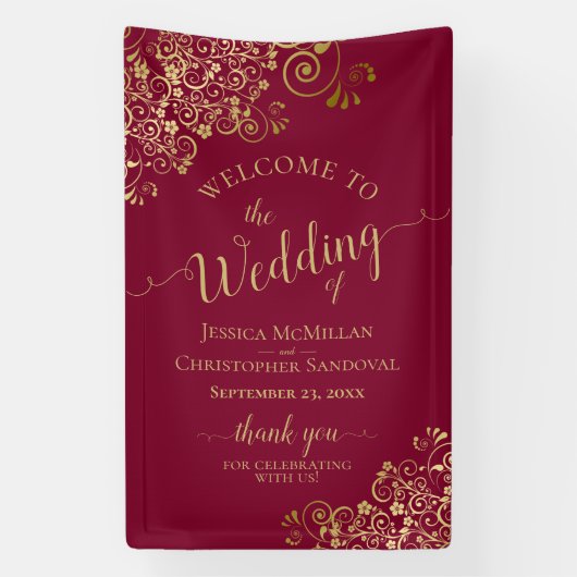 Gold Frills op Bourgogne Elegant Wedding Welcome Spandoek (Verticaal)