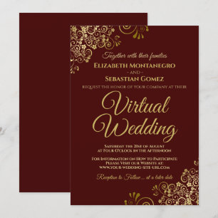 Gold Frills op Burgundy Elegant Virtual Wedding Kaart