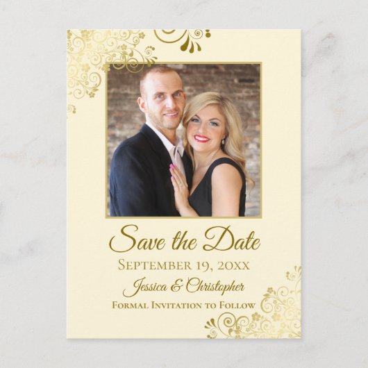 Gold Frills op crème Wedding Save the Date Photo Aankondigingskaart (Voorkant)