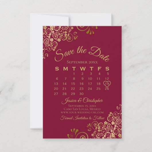 Gold Frills op de bruine Elegant Wedding Calendar Save The Date (Voorkant)