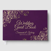 Gold Frills op Deep Plum Paarse Elegant Wedding Gastenboek (Voorkant)
