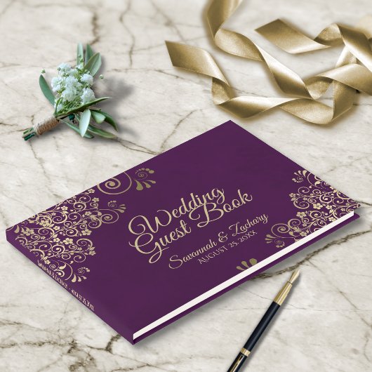 Gold Frills op Deep Plum Paarse Elegant Wedding Gastenboek