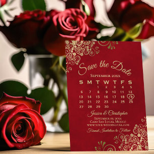 Gold Frills op Lush Red Elegant Wedding Calendar Save The Date