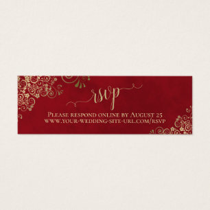 Gold Frills op Lush Red Wedding RSVP Online Card Mini Visitekaartjes