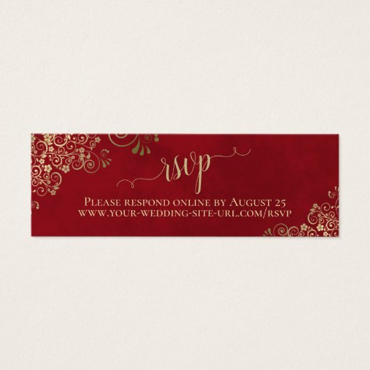 Gold Frills op Lush Red Wedding RSVP Online Card Mini Visitekaartjes (Voorkant)