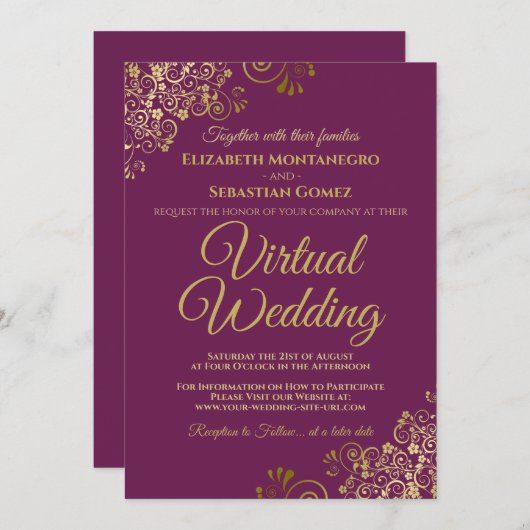 Gold Frills op Magenta Elegant Virtual Wedding Kaart (Voorkant / Achterkant)