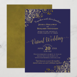 Gold Frills op Navy Blue Elegant Virtual Wedding Kaart