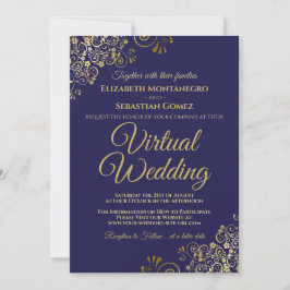 Gold Frills op Navy Blue Elegant Virtual Wedding Kaart