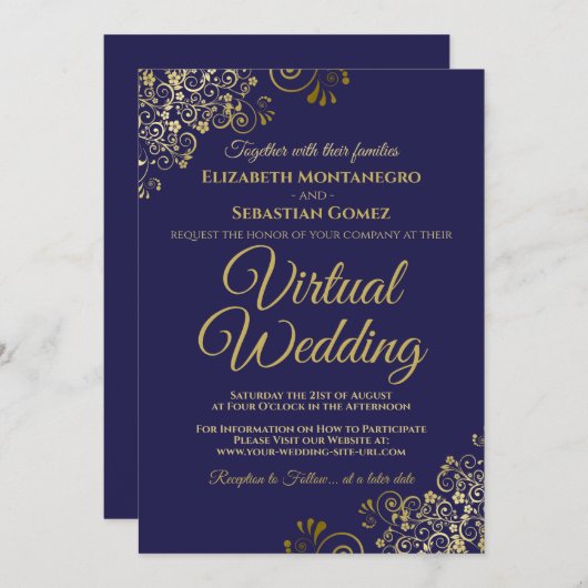 Gold Frills op Navy Blue Elegant Virtual Wedding Kaart (Voorkant / Achterkant)