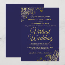 Gold Frills op Navy Blue Elegant Virtual Wedding Kaart
