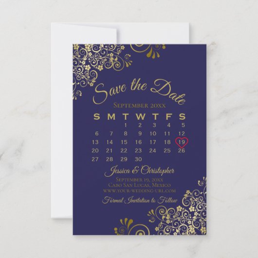 Gold Frills op Navy Blue Elegant Wedding Calendar Save The Date (Voorkant)